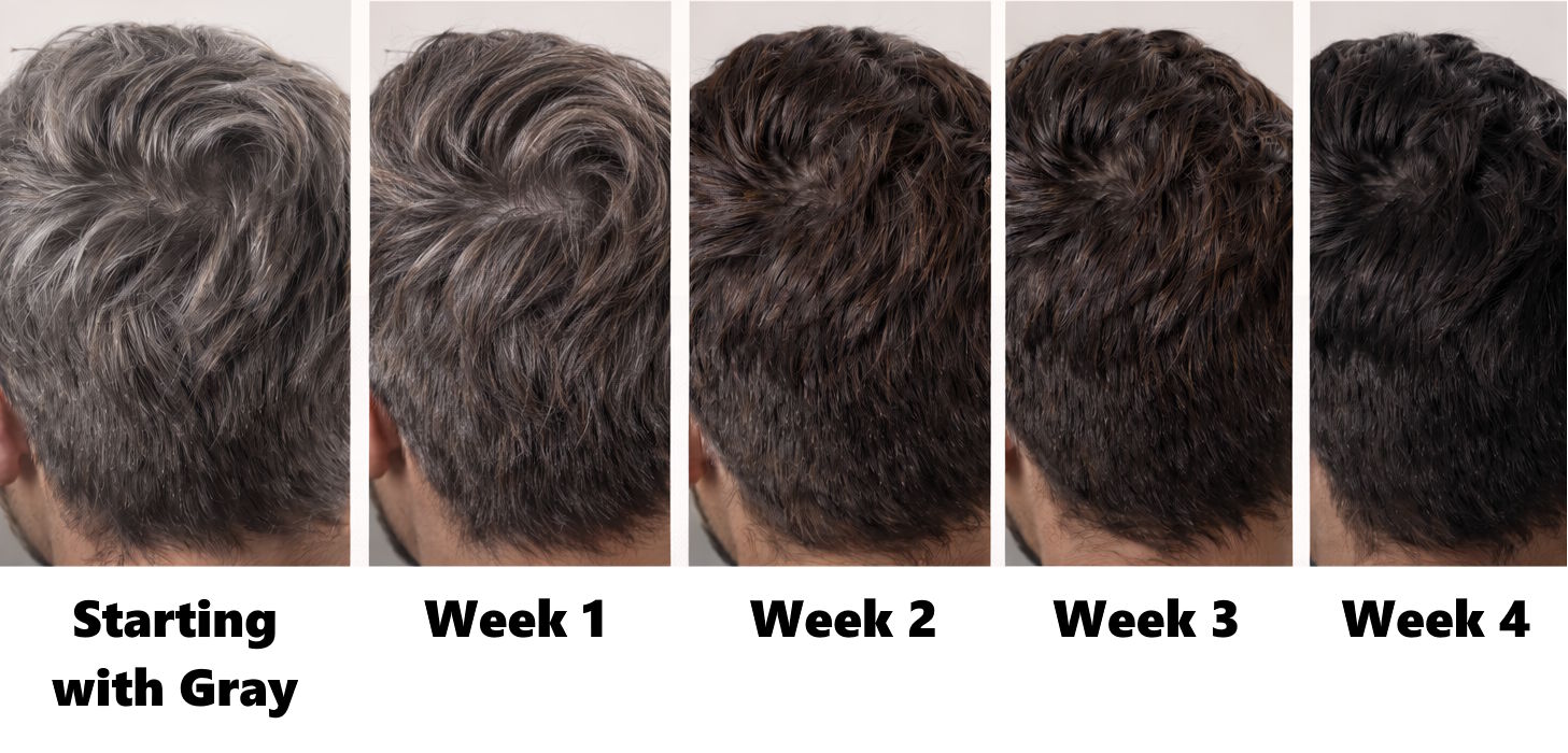 Gradual hair coloring shampoo progression - Starting with Gray through Week 4